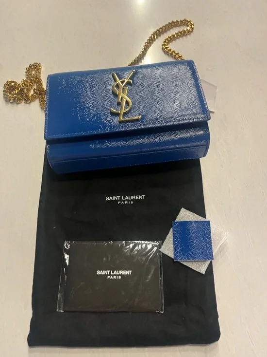 Saint Laurent YSL Bleu Majorelle Blue Patent Leather Monogram Chain Bag Clutch - Picture 9 of 9